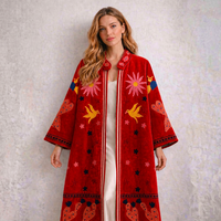 Magnifique Manteau Long Brodé en Velours Rouge Premium pour Femme, Style Bohème Chic, Motif Floral et Oiseaux, Veste de Luxe pour Dames