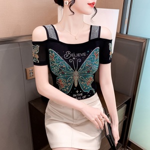 Luxury Diamond Breathable <strong>Mesh</strong> Women <strong>Tops</strong> Shinny <strong>Rhinestone</strong> Butterfly T Shirts in the Magic of Believe Out off Shoulder T-shirt - Product Image 3
