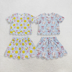 New Arrive Kids Summer Yoga <b>Clothes</b> Outfits Yoga Softball Bows Blue Short Sleeve Shorts Girls Set - Product Image 1