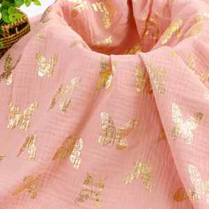 Tissu en mousseline de coton biologique peigné 130 g/m², <span class=keywords><strong>double</strong></span> épaisseur, crêpe <span class=keywords><strong>gaze</strong></span>, avec feuille d'or <span class=keywords><strong>papillon</strong></span>, pour couverture de bébé fille - Product Image 2