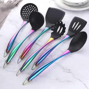 6Pcs Silicone Kitchen Utensil Set Accessories Kitchenware With Stainless Steel Handle Spatula Soup Spoon Cooking Tools