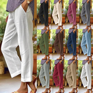 <span class=keywords><strong>Pantalon</strong></span> droit décontracté <span class=keywords><strong>en</strong></span> <span class=keywords><strong>lin</strong></span> et coton pour femmes poche à taille élastique couleur unie ample - Product Image 1