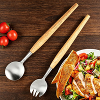 Satin Polish Dining Buffet Servieren Besteck Holzgriff Edelstahl Küche Essen Salat Gabel und Löffel Set Buche Holz