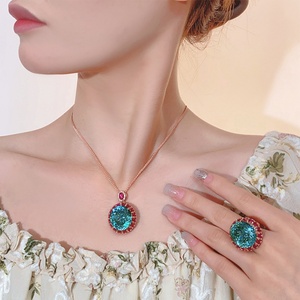 Fashion Eco-friendly Copper Gold Plated Jewelry 18*20mm Paraiba Green Cubic Zirconia Necklace <b>Rings</b> <b>Womens</b> Complete <b>Sets</b> - Product Image 3