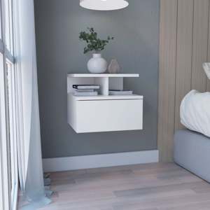 Mesita de Noche Flotante 12H, Montada en la Pared, con un Cajón y Estante de 2 Niveles, Blanca - Product Image 1