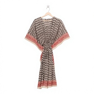 Vestido Kaftán Indio 100% Algodón con Estampado de Bloques, Cuello en V, Manga Corta, Ajustado, Hecho a Mano, Floral, Midi, Cintura Natural, Lavable - Product Image 1