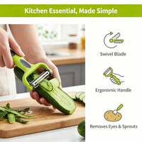 3-in-1 draaibare fruit- en groenteschiller met roestvrijstalen mes, antislip handvat, keukenschiller, -snijder en -rasp