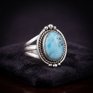 Anillos de Plata de Ley con Gema Ovalada de Larimar, Estilo Bohemio Tribal, Hechos a Mano, con Aspecto Antiguo, para Bodas y Fiestas, de Iroc Sales - Product Image 3