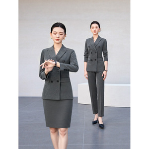 Women's Double-breasted Suit Set Gray Wool Blend Three Quarter Sleeve Formal <b>Work</b> Commuting Outfit Anti-wrinkle - Product Image 1