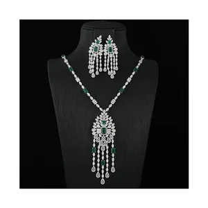 Green Zircon Luxury Indian Nigeria CZ Crystal Wedding Bridal Jewelry Set Big Tassel Necklace For Women Engagement jewellery