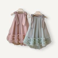 Robe d'été sans manches en maille avec nœud pour filles, robes de princesse pour enfants, vêtements de mode pour enfants
