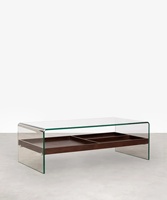 Table basse moderne avec plateau en verre trempé et étagère en MDF plaqué noyer, design à un niveau, pour salon