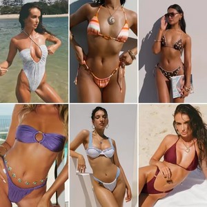 Nouveau style de maillot de bain pour femme, ensemble bikini croisé à dos nu, couleur unie, bas string, extensible, en Spandex et Nylon, mélange aléatoire - Product Image 3
