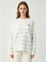 Pull en tricot rayé à col rond pour femme, style européen, avec broderie cœur, coupe ample, manches longues, décontracté, pour le quotidien