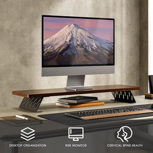Computer Riser Stand Wooden <b>Desktop</b> Monitor Base Bracket For Office Workstation Brown Single Layer <b>Shelf</b> - Product Image 3