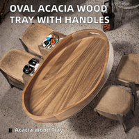 Plateau de service ovale en bois d'acacia avec poignées, plateau en bois pour table basse, présentation de petit-déjeuner