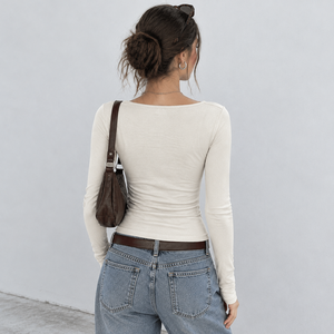 Camiseta de manga larga elástica ajustada con encaje tejido y patchwork para mujer, estilo casual urbano - Product Image 3