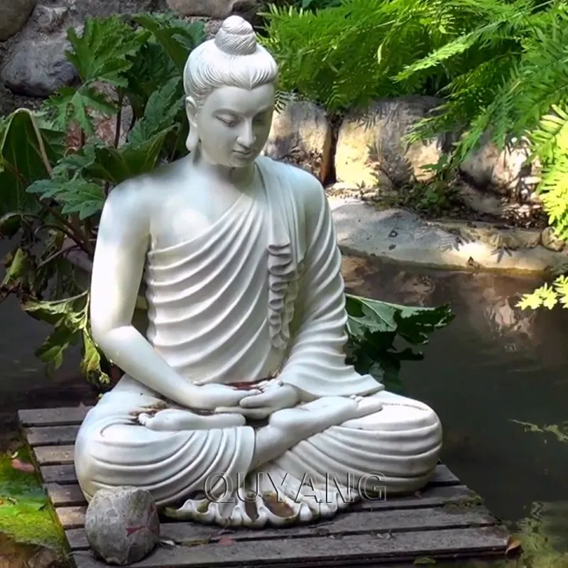 QUYANG Dekorasi Luar Ruangan Ukiran Batu, Patung Buddha Duduk Patung Marmer Putih untuk Taman