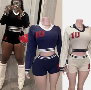 Numero ricamato a righe lavorato a maglia da donna Set Crop top + shorts abbinati 2025 autunno cattiveria 2 pezzi completi - Product Image 1