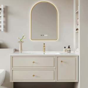 French Cream Style Modern <b>Wood</b> Bathroom <b>Vanity</b> with Ceramic Basin Lacquer Finish LED Mirror Wall-Mounted Design - Product Image 2
