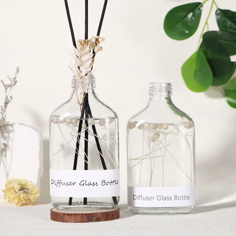 200Ml Platte Transparante Hangende Aroma Reed Diffuser Glazen Fles Met Gedroogde Bloemen