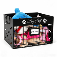 Panier de rangement en métal pour jouets de chien avec poignée, étiquette personnalisée avec le nom de l'animal, bac de rangement en fil métallique pour jouets de chien, vêtements, fournitures pour animaux de compagnie
