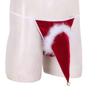 男士天鹅绒圣诞老人帽子圣诞节丁字裤假期花式角色扮演丁字裤性感内衣与小铃铛