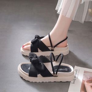 Women's Platform Canvas <b>Sandals</b> with Thick Soles and Bow Decorations-Spring Beach Shoes or Flat <b>Sandals</b> - Product Image 2
