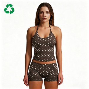 Custom Eco-Friendly Recycled Dotty Print Halter Neck Sports Gym Tank Crop Top Removable Padding Fitness <strong>Yoga</strong> Shorts Leggings <strong>Set</strong> - Product Image 1