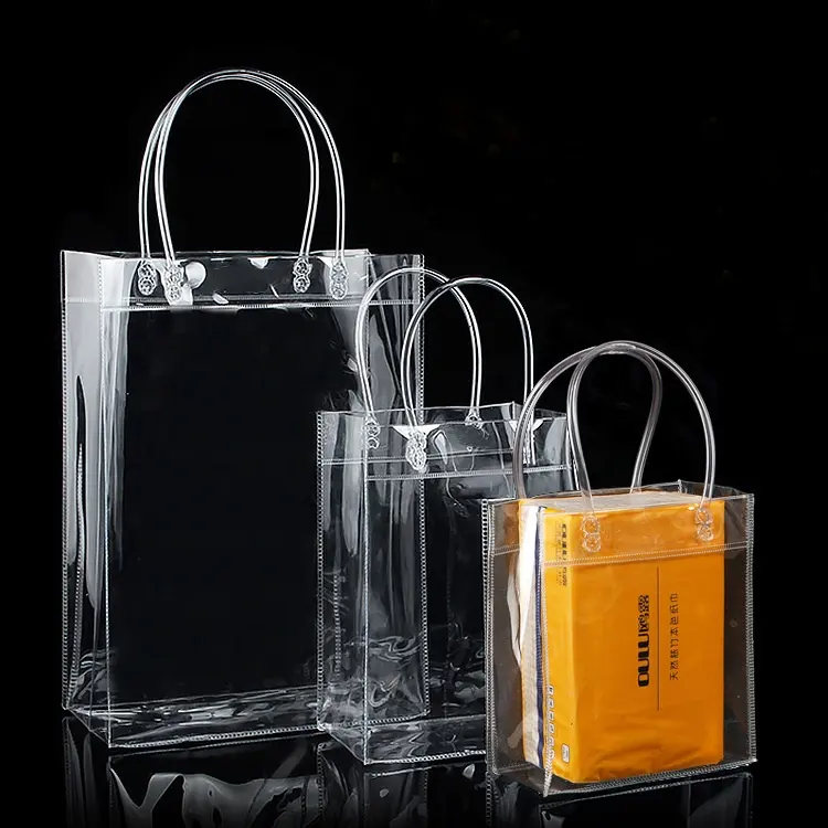 Promosyon ucuz sıcak damgalı tip hediye saklama yeniden kullanılabilir ve dayanıklı şeffaf plastik Pvc çanta ambalaj tüp kolu ile