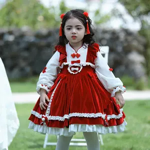 2024 Neue Produkte Phantasie Winter Kinder Puffy Ruffle Kleid Boutique Mädchen Red Velvet Kleid Chinese Style Lolita Kleid