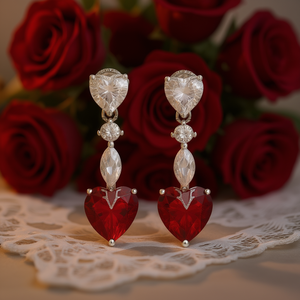 JwT Orecchini a goccia con cristalli a forma di cuore per donna, gioielli romantici da matrimonio in argento 925, borchie con strass rossi - Product Image 2