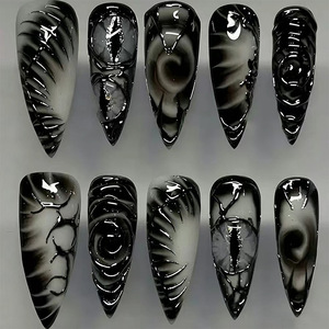 24 faux ongles stiletto extra longs à presser, rouge et noir gothique, avec motifs roses 3D, pour femmes et filles - Product Image 5