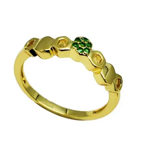 Honey Bee Honeycomb Hexagon Emerald Real 9K Gold Wedding Ring For Women