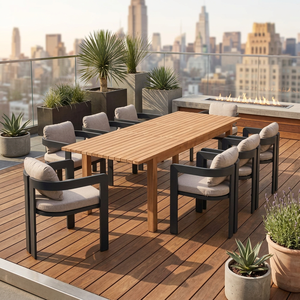 Contemporary Solid Wood Outdoor <b>Dining</b> <b>Table</b> Set Rectangle 8 Seater Modern Patio Furniture Cushioned <b>Chairs</b> for Courtyard Use - Product Image 2