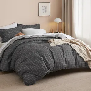 Bedsure đôi kích thước kẻ sọc Duvet cover <span class=keywords><strong>Set</strong></span> tối màu xám lưới bộ đồ giường cho trẻ em với dây kéo đóng cửa - Product Image 4