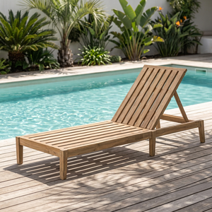 Chaise longue d'extérieur en teck avec dossier réglable et cadre à lattes pour patio, jardin, bord de piscine - Product Image 1