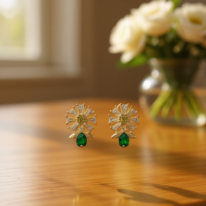 Pendientes de Oro E1506 con Circonita Cúbica de Corte Esmeralda y Engaste de Garra, Joyería Clásica para Fiesta para Mujer - Product Image 2
