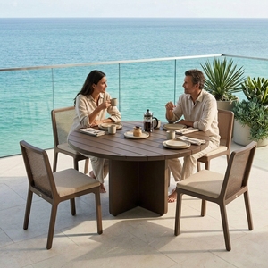 Table à manger ronde en aluminium contemporaine pour l'extérieur, résistante aux intempéries, sans rouille, pour villas, hôtels, terrasses sur le toit - Product Image 1