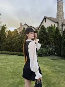 Mini Dress Office Vintage Custom Wholesale Women Preppy Style Two Piece Set Chiffon Bow Blouse Character Stand <b>Black</b> <b>Pinafore</b> - Product Image 3