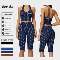 Ensemble de survêtement 2 pièces pour femmes, haut de sport à bretelles imprimé à pois de style européen et américain, et pantalon capri moulant, idéal pour le yoga
