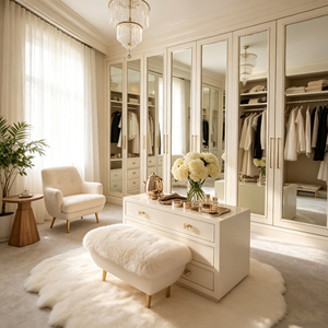 <span class=keywords><strong>Dressing</strong></span> Moderne de Luxe Personnalisé avec Portes Miroir en Bois Massif Blanc Crème, Armoire Plafond-Plancher et Unité de Rangement à Tiroirs Grande Capacité - Product Image 1
