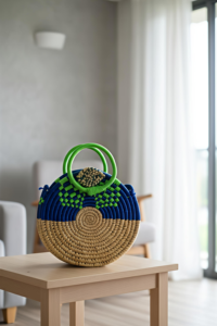 Hand woven Grass <b>Basket</b> <b>with</b>-Festive-Trim-and-<b>Handle</b> Eco-Friendly Stylish Storage grass <b>Basket</b> - Product Image 5