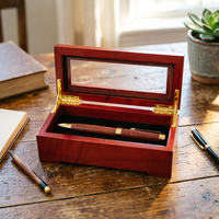 Boîte à stylos en bois massif rouge avec fenêtre en acrylique transparente, doublure en velours noir, charnière en métal doré, étui de rangement pour stylo-plume, vente en gros