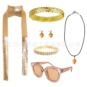 Disco Party Jewelry <b>Set</b> Pink Sequined Headband Scarf Necklace Earrings <b>Bracelet</b> Sunglasses Women's Fashion Accessory - Product Image 3