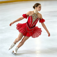 Robe de patinage artistique rouge à épaules dénudées et manches à volants, costume en maille orné de strass pour enfants et adultes, pour compétition et spectacle sur glace