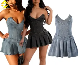 2024 thời trang Y2K sexy backless xếp li denim ăn mặc phụ nữ tắt Vai Ống ăn mặc sâu V cổ không tay Jean Ăn mặc