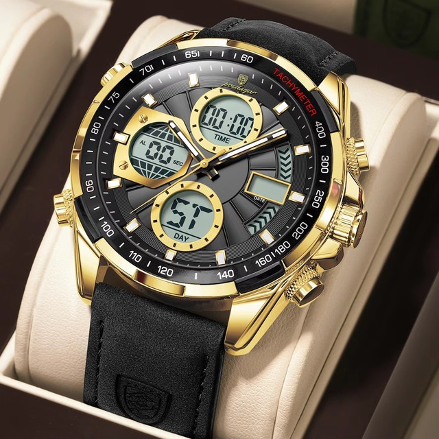 POEDAGAR E108 Quartz Analog LED Digital Men Watch Chronograph Leather Band 3ATM Waterproof Multi Function Calendar Reloj Watches