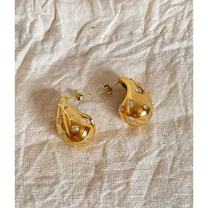 16mm*26mm Stainless Steel Czech Stone Waterdrop Earrings Hollow Chunky Hoop Earrings for Women Fashion Delicate Jewelry 2024 Hot