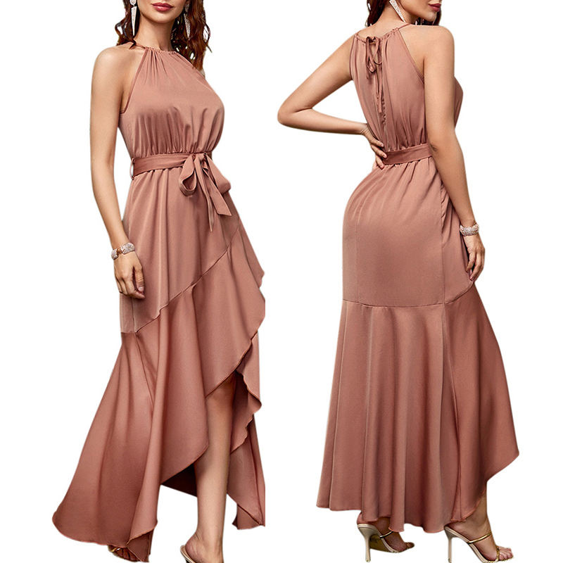 Wholesale Luxury Women's New Sleeveless Dress High Waist Irregular Lace-up Halter Neck Solid Abaya Women Sexy Dress 